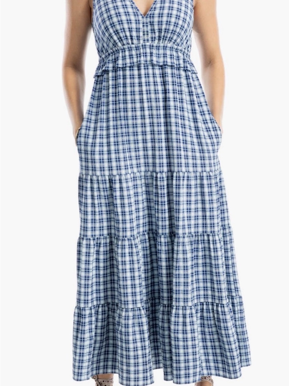 Max Studio Blue Plaid Tiered V-Neck Maxi Dress